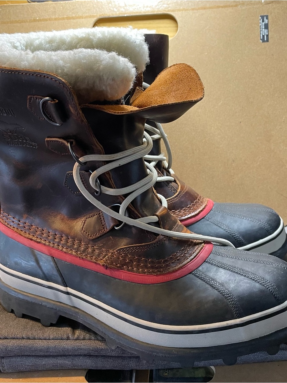 Sorel Men's Brown Leather and Gray Waterproof Winter Boots with Red Accent